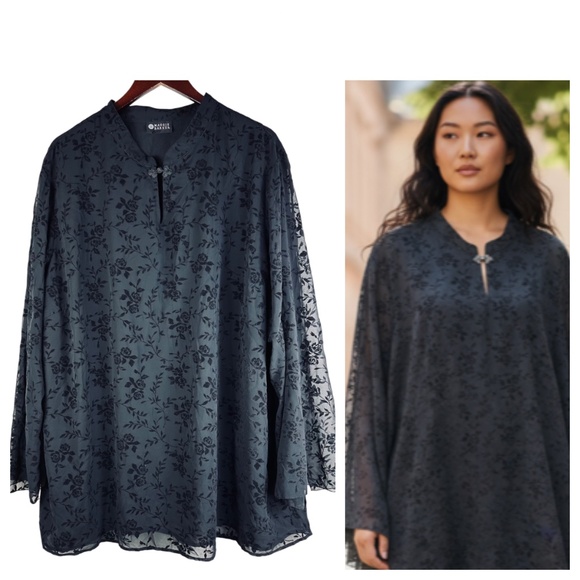Maggie Barnes Catherines 4X 30 32 Top Shirt Blouse Velvet Black Burnout Velour - Picture 1 of 5